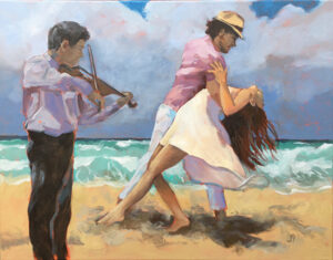 A painting of two people dancing on the beach