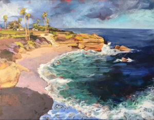 A painting of the ocean and beach