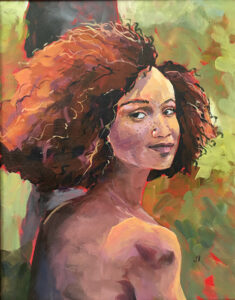 A painting of a woman with curly hair