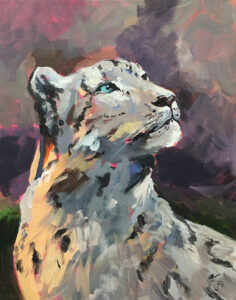 A painting of a cheetah looking up at the sky