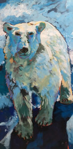 A painting of a polar bear in the water