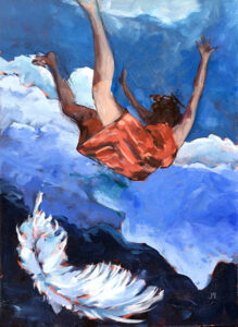 A painting of a man diving in the ocean