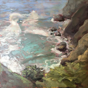 A painting of the ocean and rocks