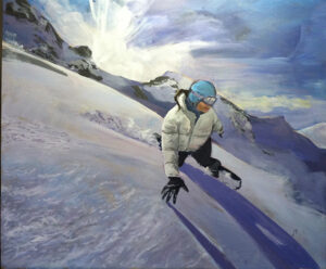 A person skiing on the snow covered slopes.