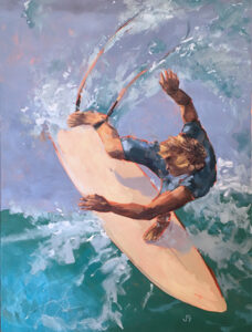 A painting of a surfer riding the waves