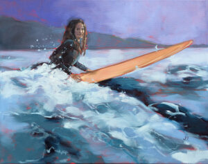 A painting of a woman on a surfboard in the ocean.