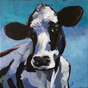 A painting of a cow with black and white markings