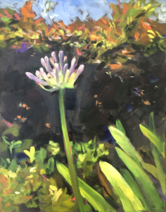 A painting of an open flower in the middle of a field.