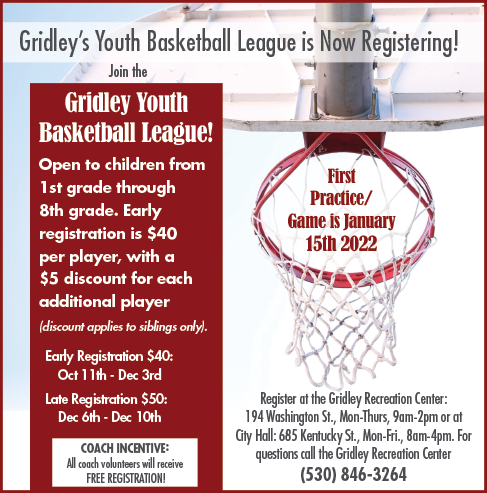 Gridley Parks and Rec ad for Basketball