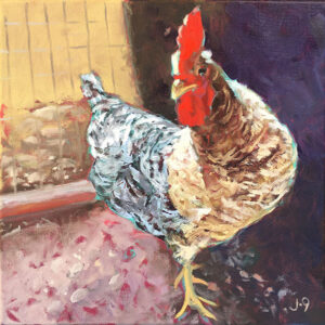 A painting of a chicken standing on the ground