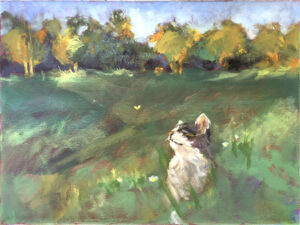 A painting of a dog in the grass
