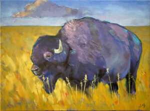 A painting of an animal in the grass