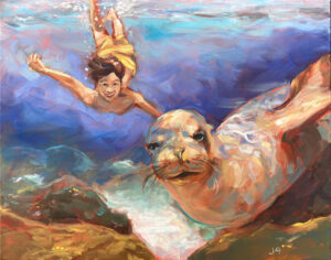 A painting of a boy swimming next to a seal